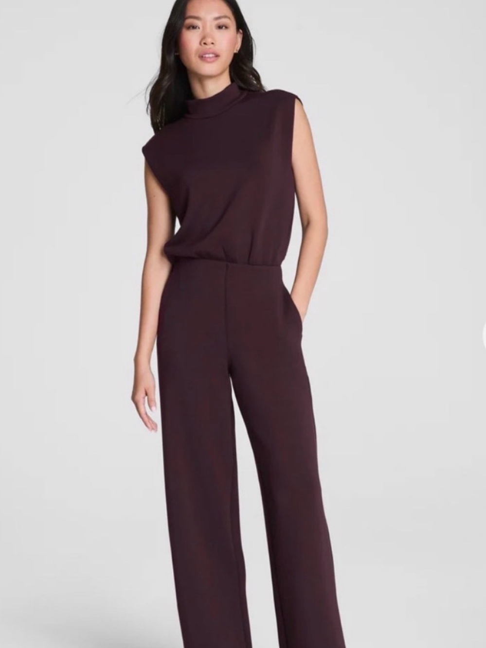 SPANX Sleeveless Mock Neck Wide-Leg Jumpsuit in Deep Plum